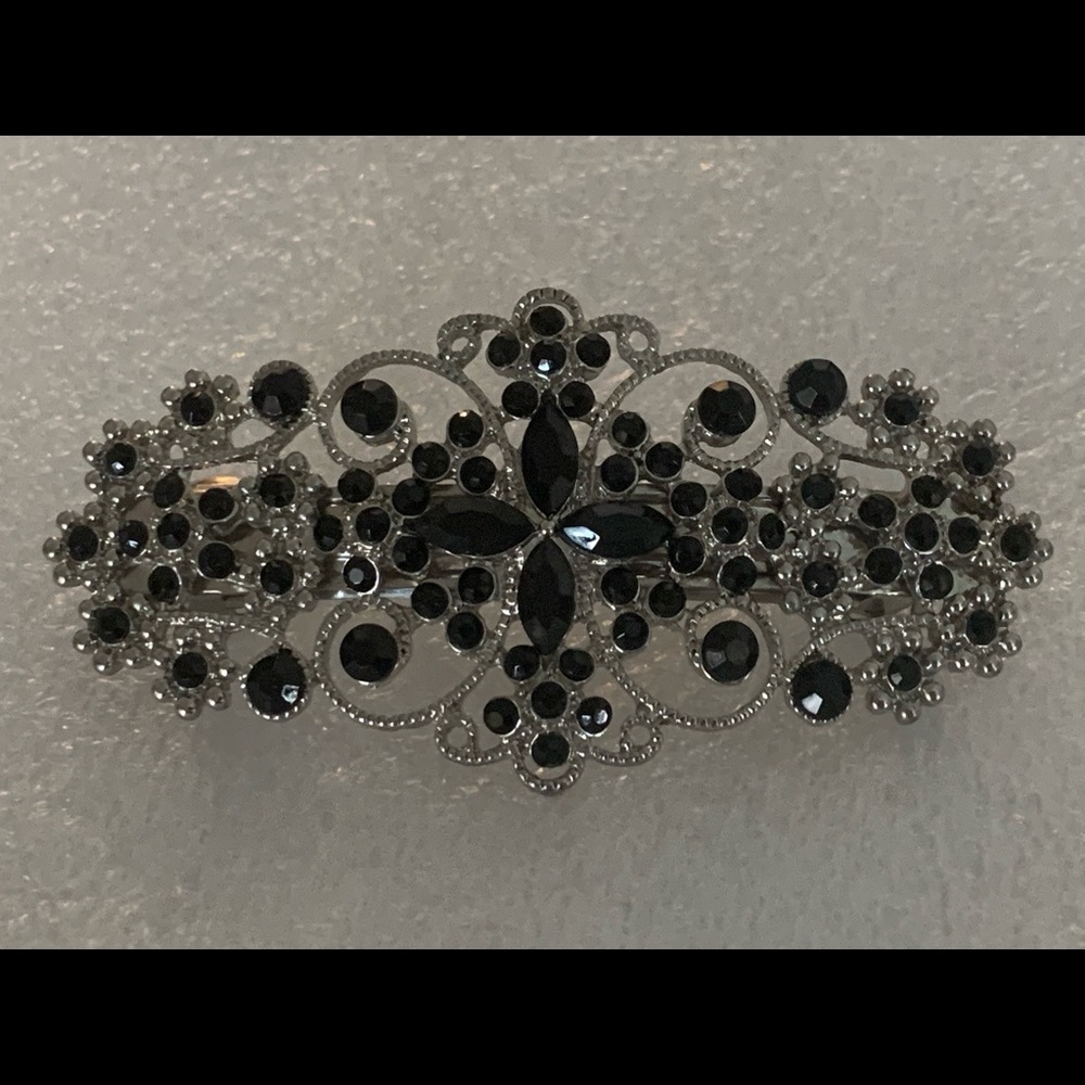 VINTAGE 1980s Black Onyx and Silver Barrette